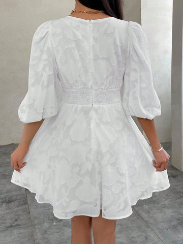 Ladies' Romantic White Bubble Sleeve V-Neck A-Line Dress For Valentine's Day, Perfect For Dating