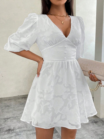 Ladies' Romantic White Bubble Sleeve V-Neck A-Line Dress For Valentine's Day, Perfect For Dating