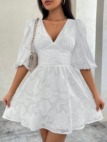 Ladies' Romantic White Bubble Sleeve V-Neck A-Line Dress For Valentine's Day, Perfect For Dating