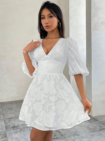 Ladies' Romantic White Bubble Sleeve V-Neck A-Line Dress For Valentine's Day, Perfect For Dating