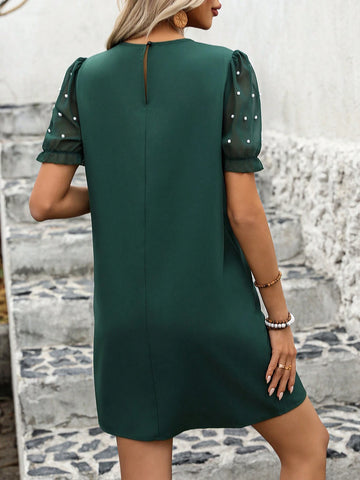 Ladies' Round Neck Short Puff Sleeve A-Line Dress