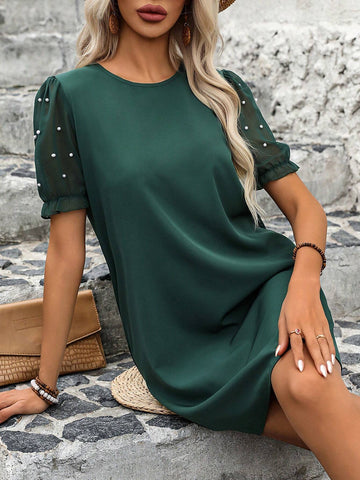 Ladies' Round Neck Short Puff Sleeve A-Line Dress