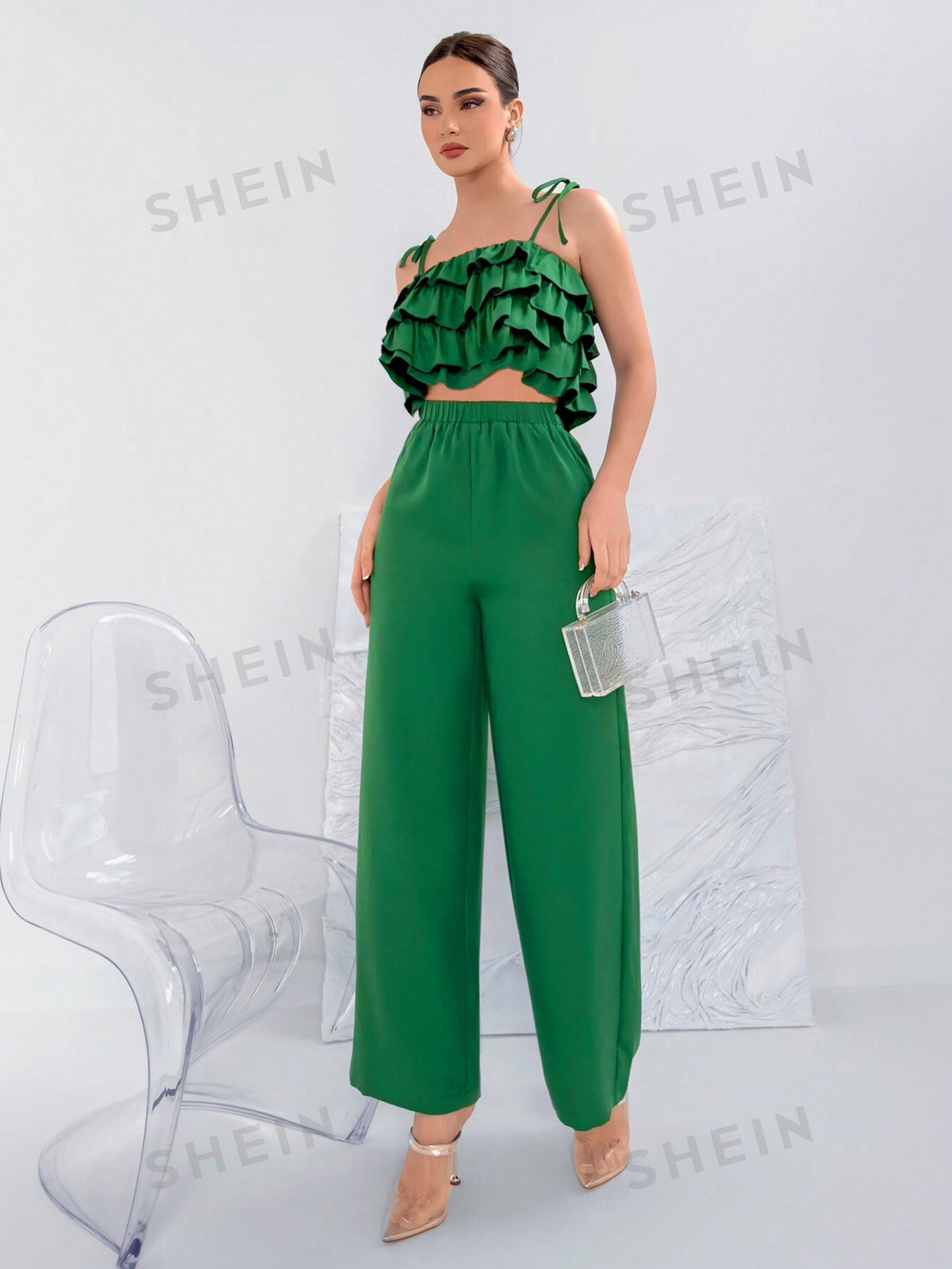 Ladies' Ruffle Layer Tie Strap Cami Top And Wide Leg Pants Set