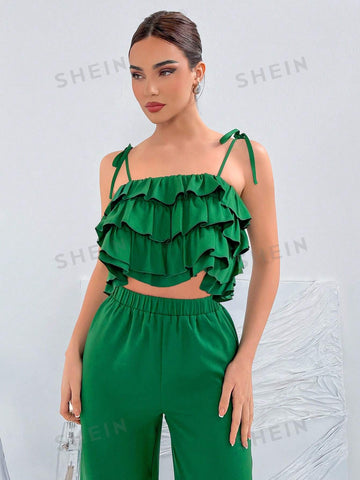 Ladies' Ruffle Layer Tie Strap Cami Top And Wide Leg Pants Set