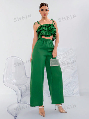 Ladies' Ruffle Layer Tie Strap Cami Top And Wide Leg Pants Set