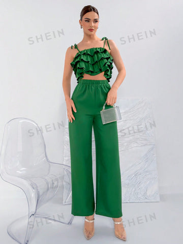 Ladies' Ruffle Layer Tie Strap Cami Top And Wide Leg Pants Set