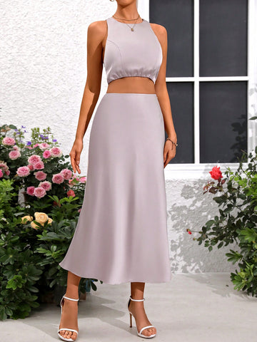 Ladies' Satin Camisole And Long Skirt 2pcs/Set
