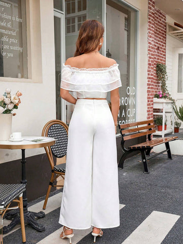 Ladies' Sheer Mesh Off-Shoulder Short Sleeve Top And Pants Two Pieces Set