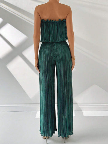 Ladies' Simple And Elegant Dark Green V-Neck Loose Camisole & Wide Leg Pants With Notched Neckline