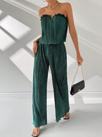 Ladies' Simple And Elegant Dark Green V-Neck Loose Camisole & Wide Leg Pants With Notched Neckline