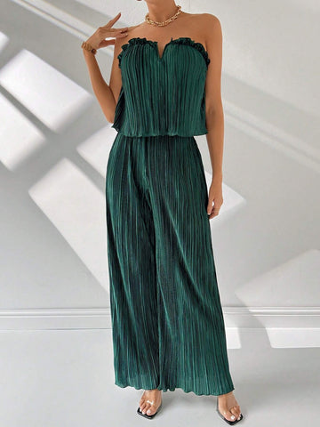 Ladies' Simple And Elegant Dark Green V-Neck Loose Camisole & Wide Leg Pants With Notched Neckline