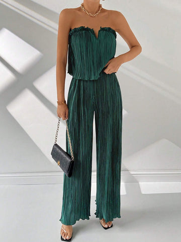 Ladies' Simple And Elegant Dark Green V-Neck Loose Camisole & Wide Leg Pants With Notched Neckline