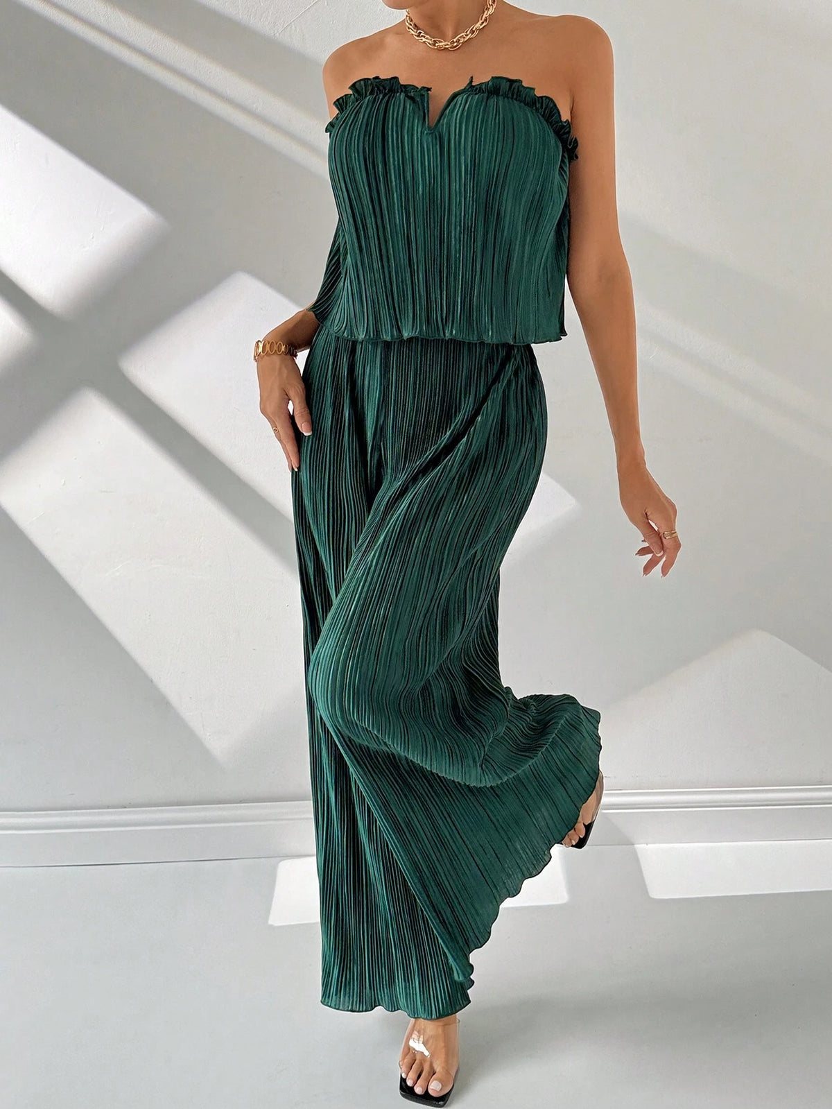 Ladies' Simple And Elegant Dark Green V-Neck Loose Camisole & Wide Leg Pants With Notched Neckline