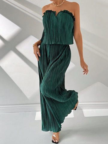 Ladies' Simple And Elegant Dark Green V-Neck Loose Camisole & Wide Leg Pants With Notched Neckline
