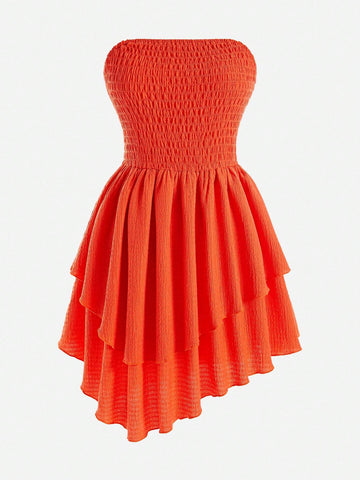 Ladies' Solid Color Asymmetrical Hem Bandeau Dress With Draping