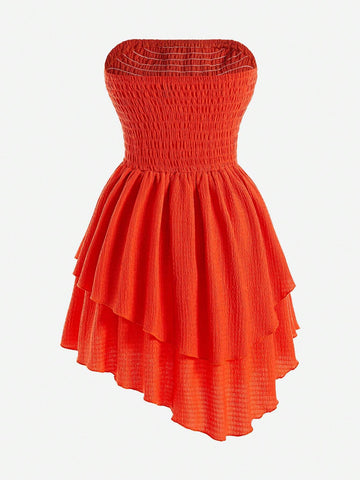 Ladies' Solid Color Asymmetrical Hem Bandeau Dress With Draping