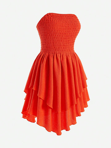 Ladies' Solid Color Asymmetrical Hem Bandeau Dress With Draping