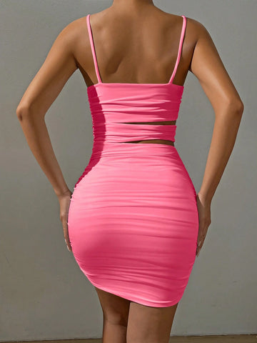 Ladies Solid Color Fashionable V-Neck Spaghetti Strap Dress With Bare Midriff