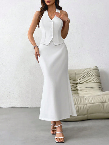 Ladies' Solid Color French Neck Halter Front Buttoned Vest Jacket And Long Fish Tail Skirt, Perfect For Weddings, Festivals, Dating And Vacations