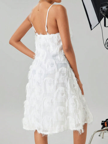 Ladies' Solid Color Fringe Spaghetti Strap Maxi Dress
