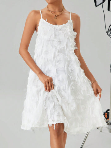 Ladies' Solid Color Fringe Spaghetti Strap Maxi Dress