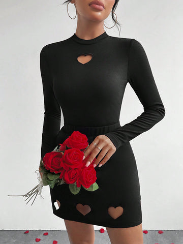 Ladies' Solid Color Hollow Out Heart Pattern Two Piece Set For Valentine'S Day