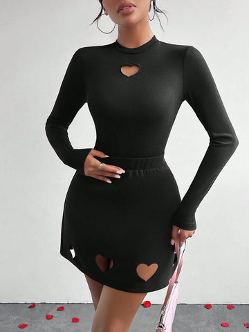 Ladies' Solid Color Hollow Out Heart Pattern Two Piece Set For Valentine'S Day