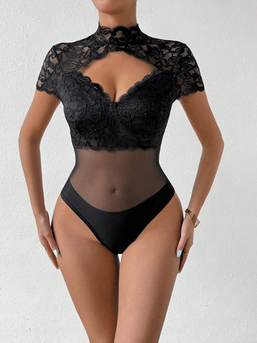 Ladies Solid Color Hollow Out Lace Decoration Jumpsuit