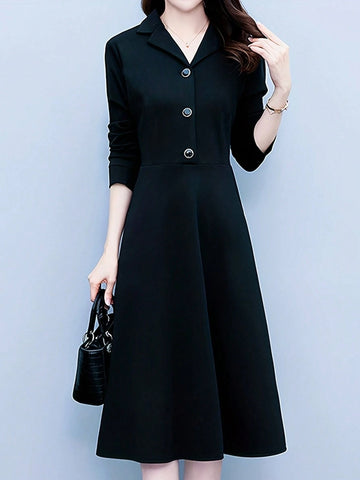 Ladies' Solid Color Lapel Collar Belted Dress