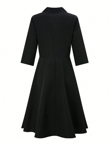 Ladies' Solid Color Lapel Collar Belted Dress