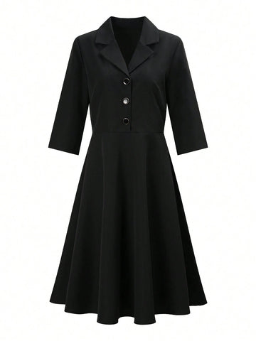 Ladies' Solid Color Lapel Collar Belted Dress
