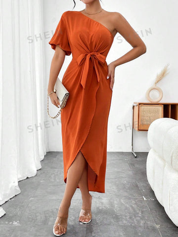 Ladies' Solid Color One Shoulder Short Puff Sleeve Dress