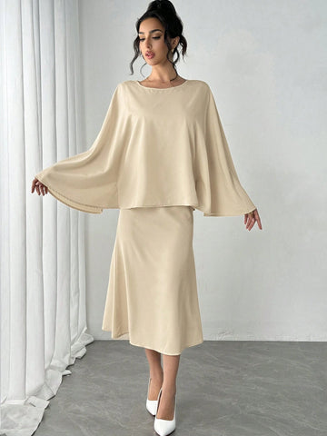 Ladies' Solid Color Round Neck Patchwork Poncho Design Elegant Dress, Autumn