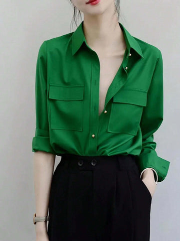 Privé Ladies' Solid Color Simple Daily Long Sleeve Button-Down Shirt