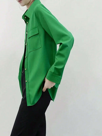 Privé Ladies' Solid Color Simple Daily Long Sleeve Button-Down Shirt