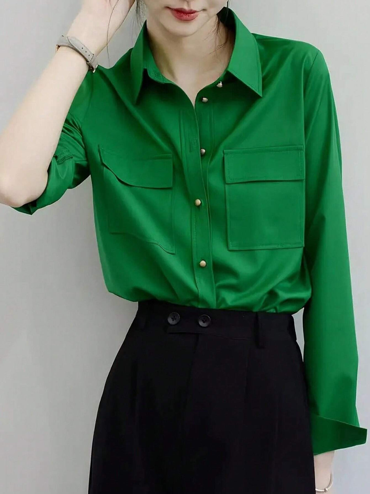 Privé Ladies' Solid Color Simple Daily Long Sleeve Button-Down Shirt