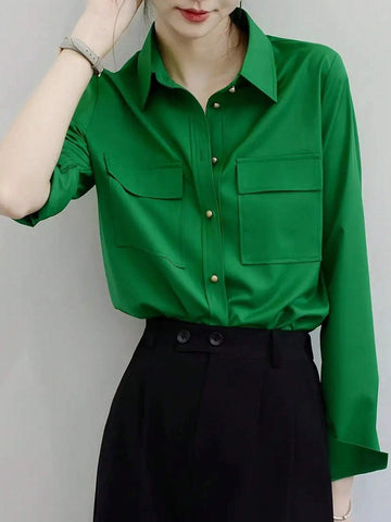 Privé Ladies' Solid Color Simple Daily Long Sleeve Button-Down Shirt