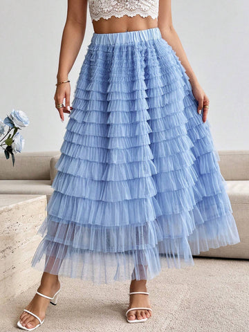 Privé Ladies' Solid Color Simple Daily Mesh Skirt