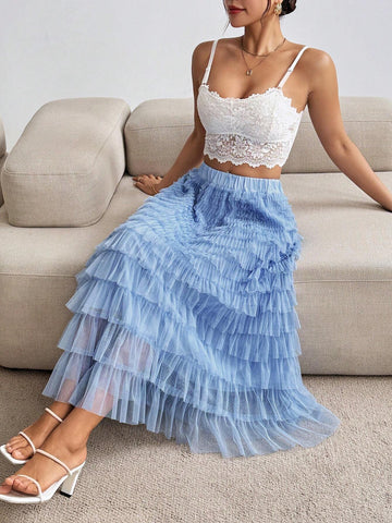 Privé Ladies' Solid Color Simple Daily Mesh Skirt