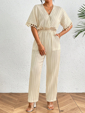 Ladies' Solid Color V-Neck Waist Cinched Straight-Leg Jumpsuit