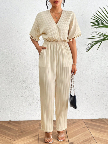 Ladies' Solid Color V-Neck Waist Cinched Straight-Leg Jumpsuit