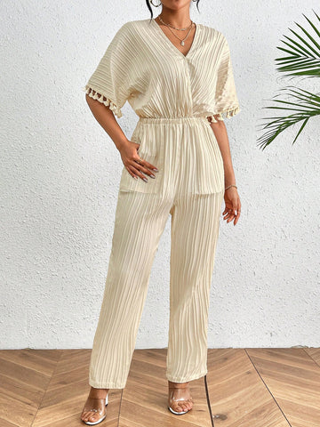 Ladies' Solid Color V-Neck Waist Cinched Straight-Leg Jumpsuit