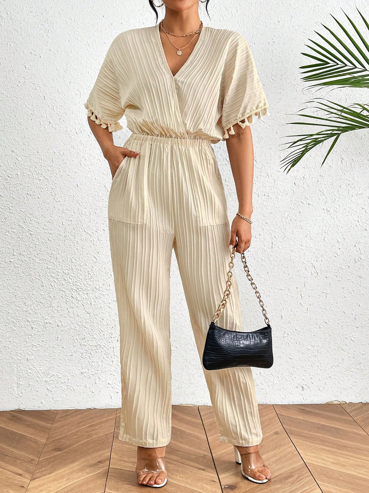 Ladies' Solid Color V-Neck Waist Cinched Straight-Leg Jumpsuit