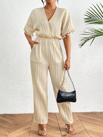 Ladies' Solid Color V-Neck Waist Cinched Straight-Leg Jumpsuit