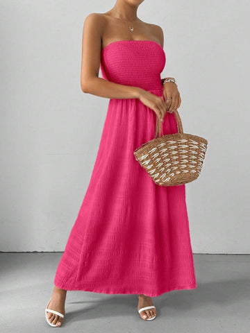 Ladies' Solid Texture Fabric Strapless A-Line Dress For Summer