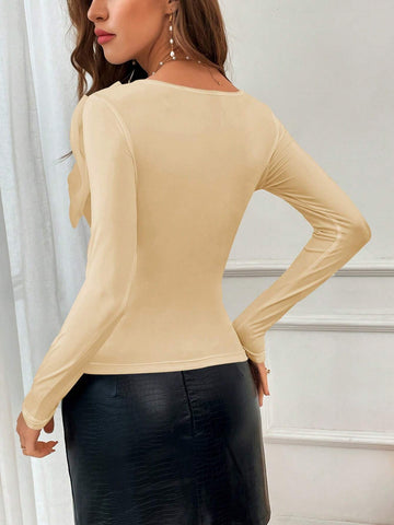 Privé Ladies" Spring/Summer Solid Color Long-Sleeved Slim-Fit Date T-Shirt With Bow Tie