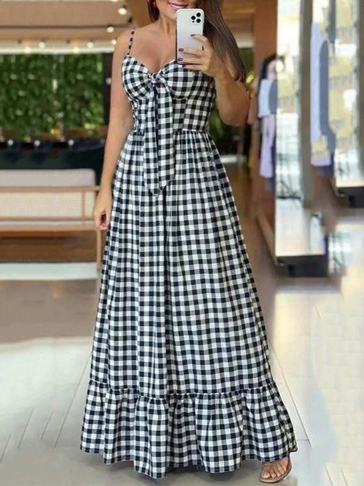 Ladies' Summer Casual Plaid Bow Tie Spaghetti Strap Dress