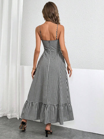 Ladies' Summer Casual Plaid Bow Tie Spaghetti Strap Dress