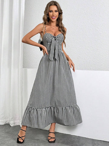 Ladies' Summer Casual Plaid Bow Tie Spaghetti Strap Dress