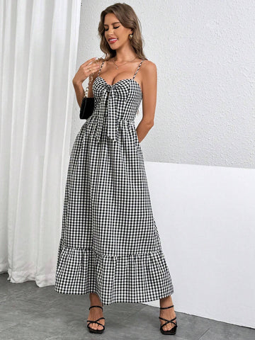 Ladies' Summer Casual Plaid Bow Tie Spaghetti Strap Dress
